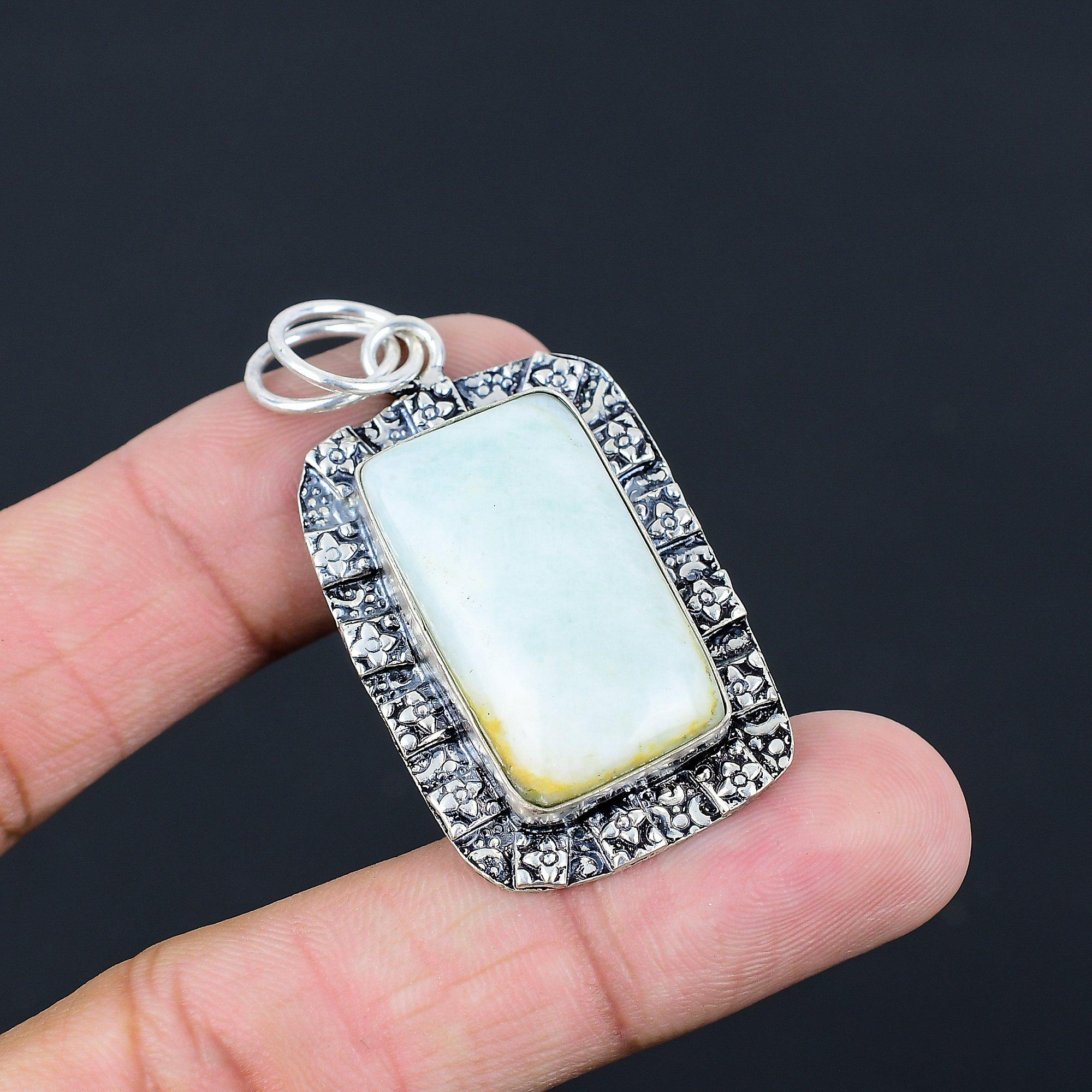 925 Sterling Silver Radiant Amazonite Gemstone Ethnic Bezel Boho Pendant Jewelry