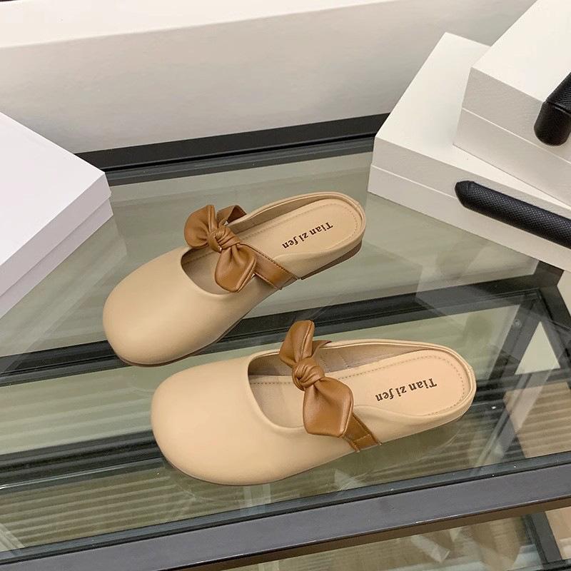 Flat-bottomed Bag Head Half Slippers Women's Outer Wear 2025 New Summer Bow Lazy Half Tray Gentle Evening Cool Slippers