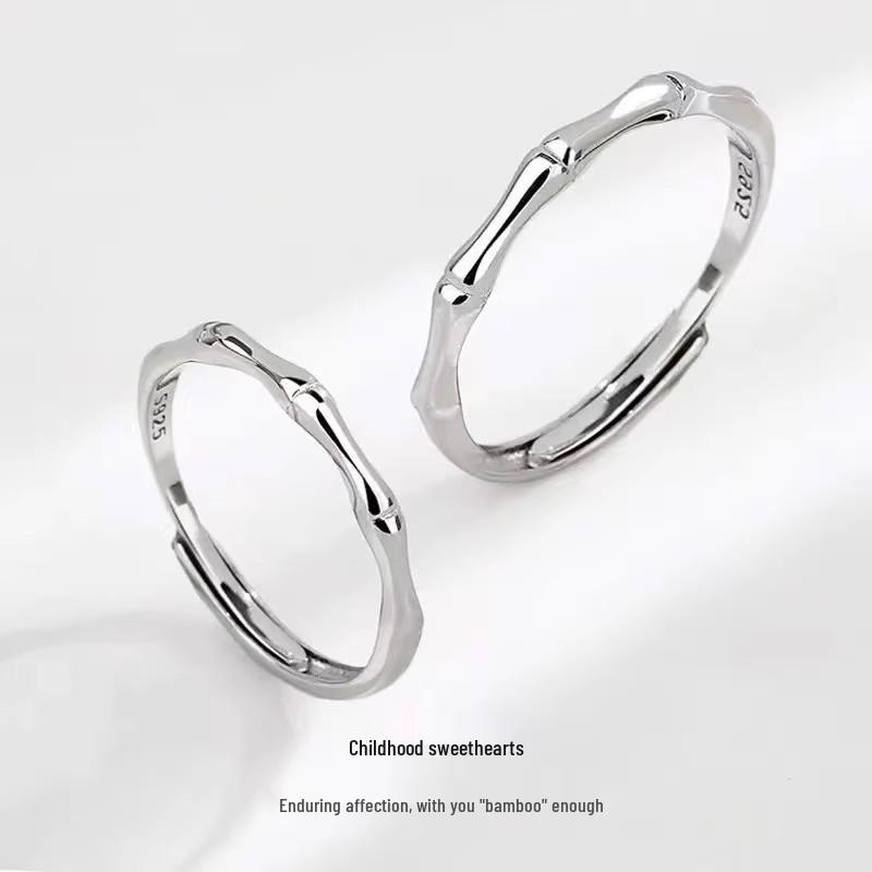 925 Silver-Plated Bamboo Joint Rings for Couples - Open Design, Perfect 520 Gift for Your Girlfriend