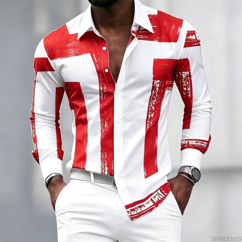 Men's Black and White Geometric Coarse Stripe Printed Long Sleeved Lapel Shirt, Retro Slim Fit Shirt, Trendy Casual Men's Top