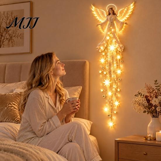 Guardian Angel Gift Blessing Wall Light, Cascading Glowing Star Christmas Lamp, LED Vintage Home Accents Starfall Effect Figurine for Bedroom