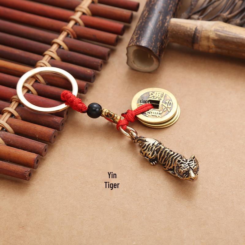 Three-Dimensional Brass Zodiac Keychain with Five Emperors Coins - Birth Year Ornament Gift