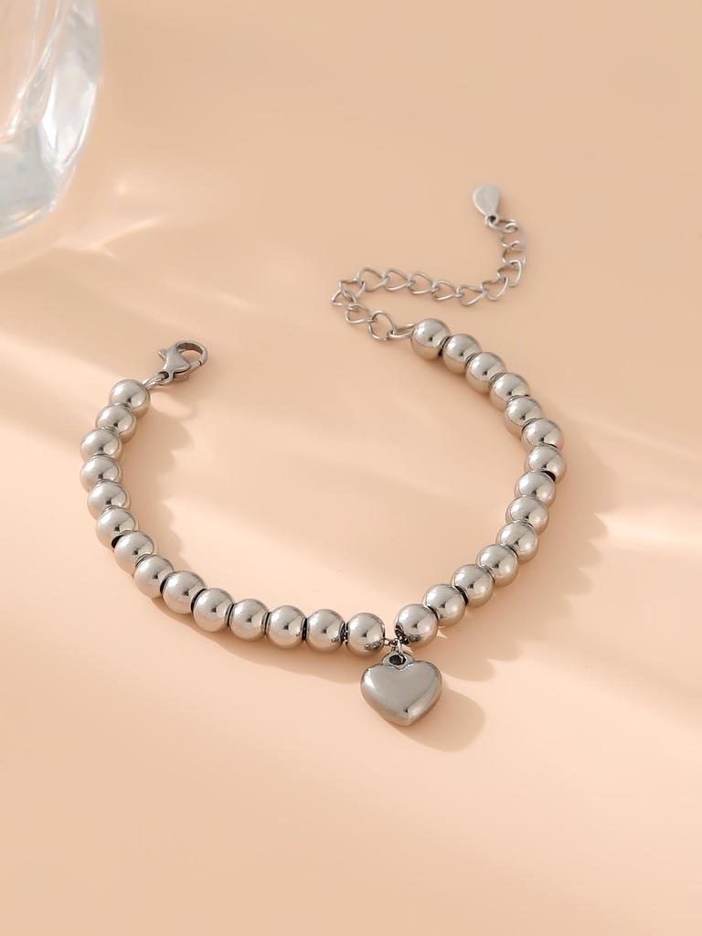 Stainless Steel Heart & Round Bead Gold Bangle Bracelet for Women