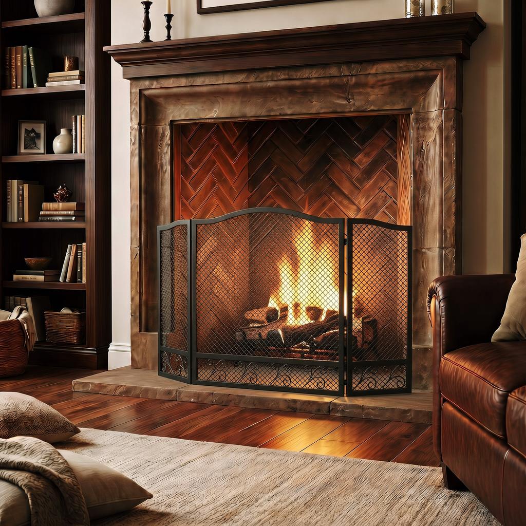 Folding Fireplace Screen, 3 Panels, 107 x 60 cm, Black Metal