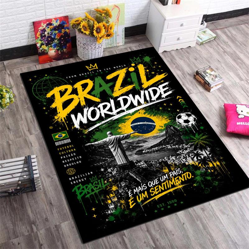 Brazil Worldwide Rectangular Rug, Brazil Flag Soccer Culture Print Non Slip Floor Mat for Fan Living Room Bedroom Decor