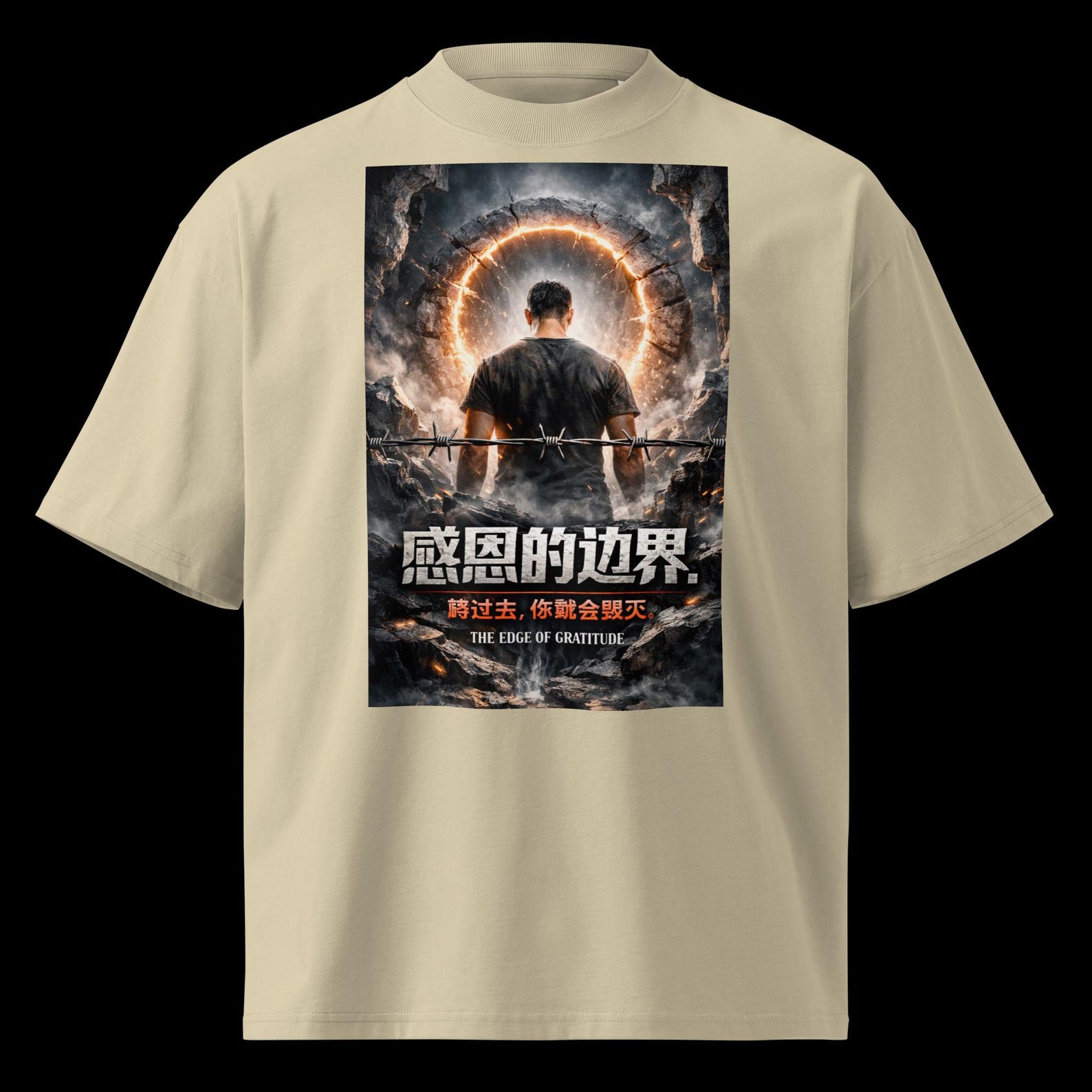 The Boundary of Gratitude T-Shirt, Chinese Typography Graphic Tee, Cyberpunk Stoic Shirt, Heavyweight Organic Oversized Tee 3XL