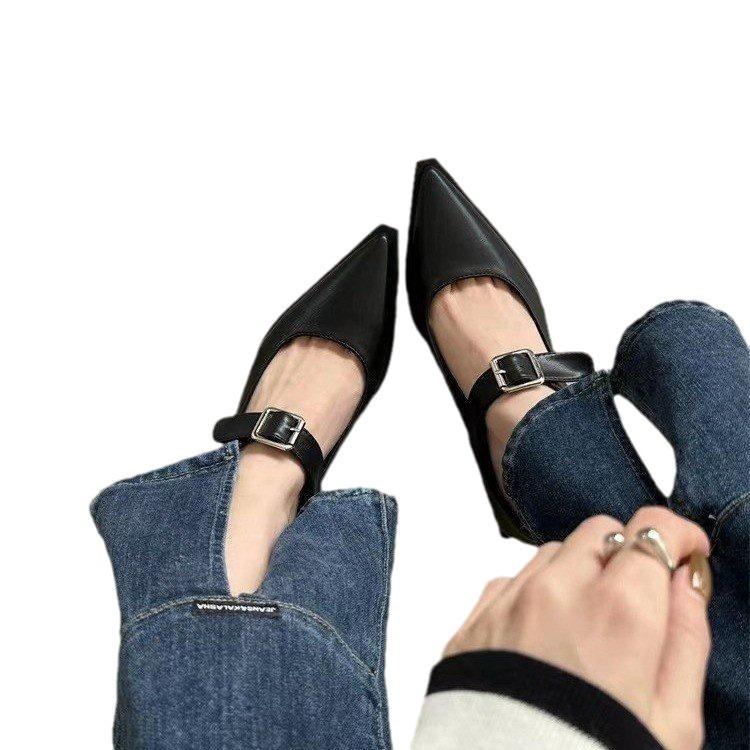 Thick Heel Women's Shoes 2025 Autumn New French Belt Buckle Mary Jane Women's Shoes Pointed Low Heel Shallow Mouth Single Shoes