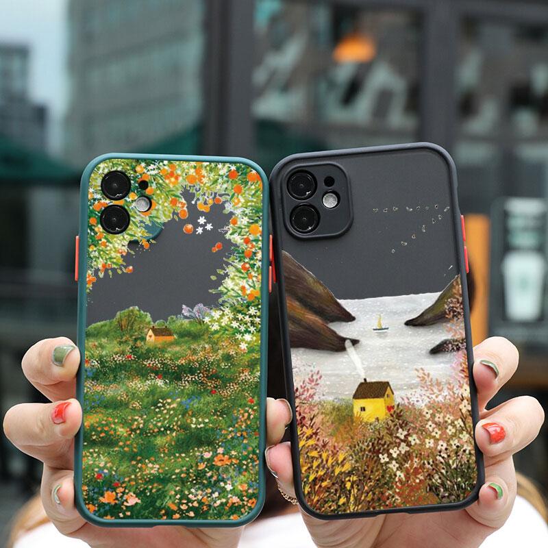 Retro Scenery Painted Phone Case For iphone 16 7 8 Plus SE2 X XS XR 16 14 12 13 11 Pro Max Large Flower Fields Log Cabin Covers