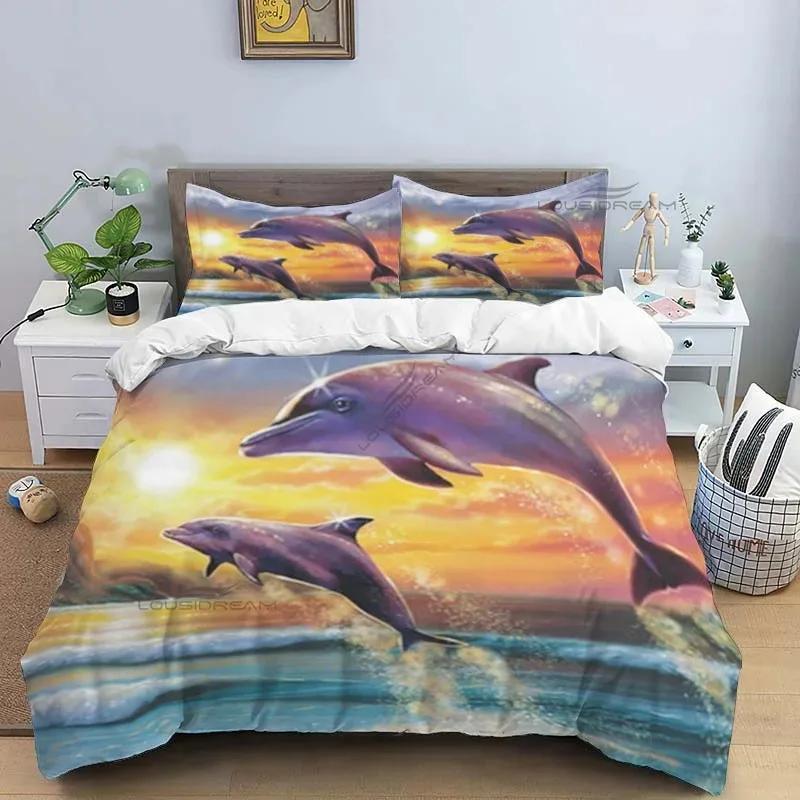 Dolphin Pattern Comforter Bedding Set,Duvet Cover Bed Set Quilt Cover Pillowcase,King Queen Size Bedding Set