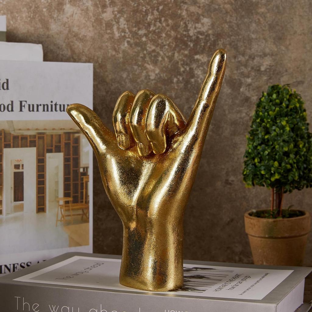 7.8'' Resin Gold Ornament ASL Signal Sculpture, 66" Hand Gesture Decoration Figurine Statue Thanksgiving (JS0367)