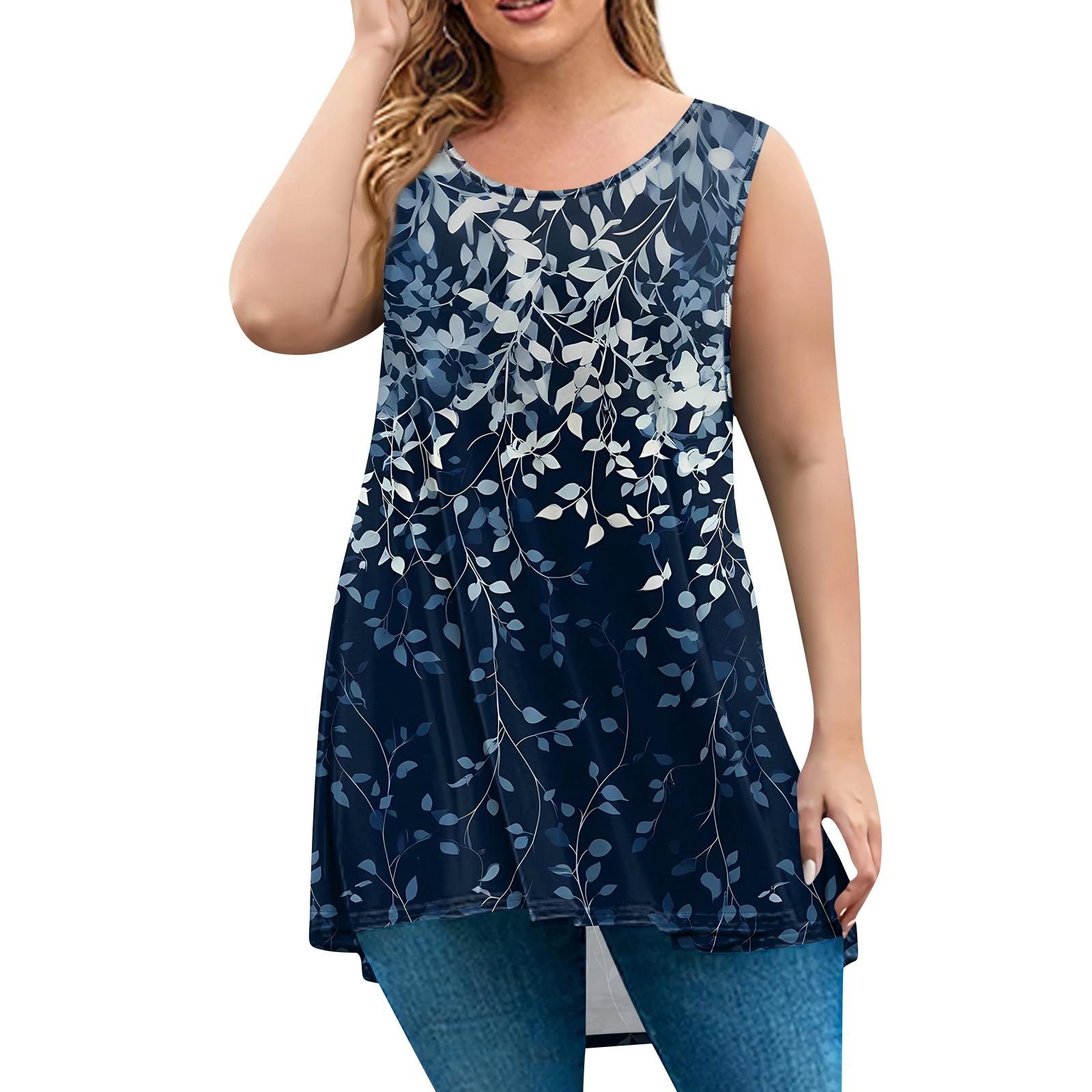 

Женская мода большого размера с круглым вырезом без рукавов повседневный свободный пуловер с принтом XL тёмно-синий