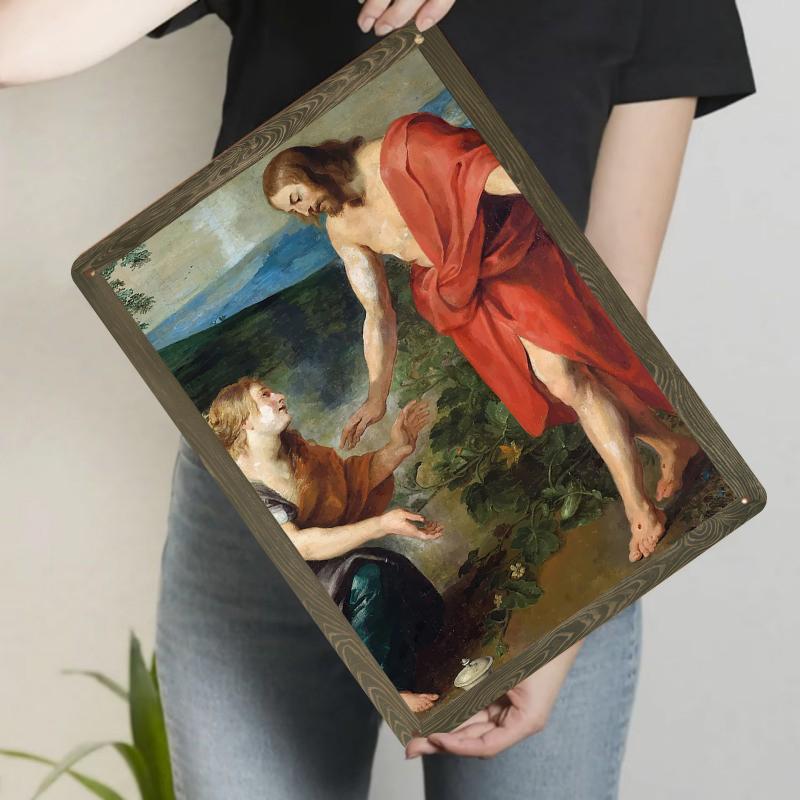 Vintage Religiöses Ölgemälde Stil Metall Wandkunst Jesus und die samaritanische Frau Heimdekoration Wandbild