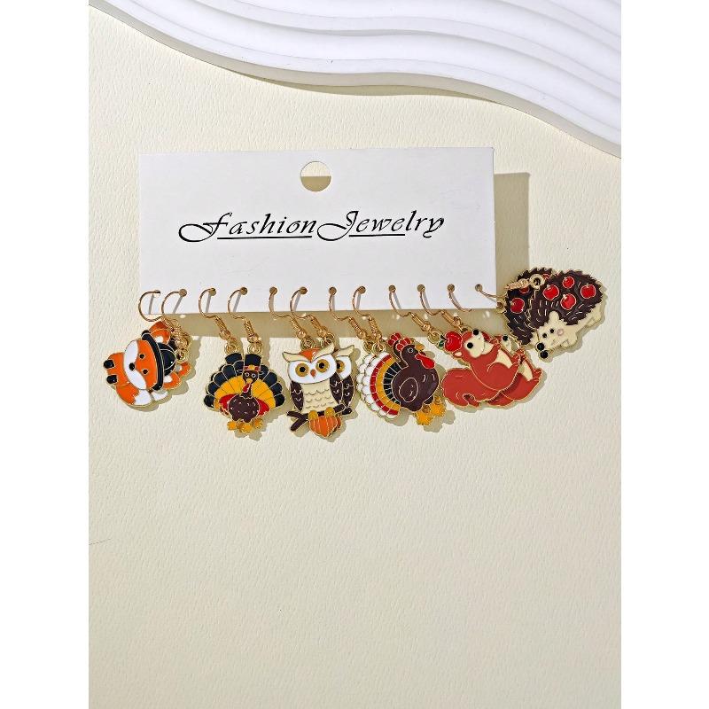 New Cross-Border Thanksgiving Creative Cute Drip Oil Pumpkin, Maple Leaf, Squirrel, Turkey, Mushroom, Hazelnut, Animal Ear Pendant Earring Set