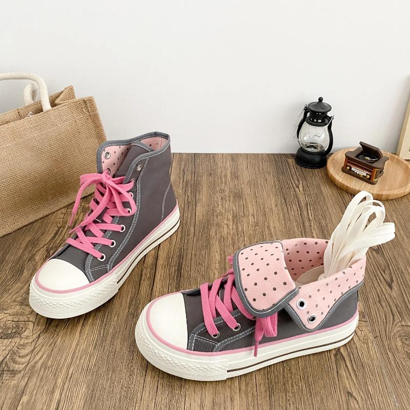 Fresh Women Canvas Shoes High Flat Canvas Sneakers Lace Up Student Black Sport Shoes Pink Girls Shoe Summer