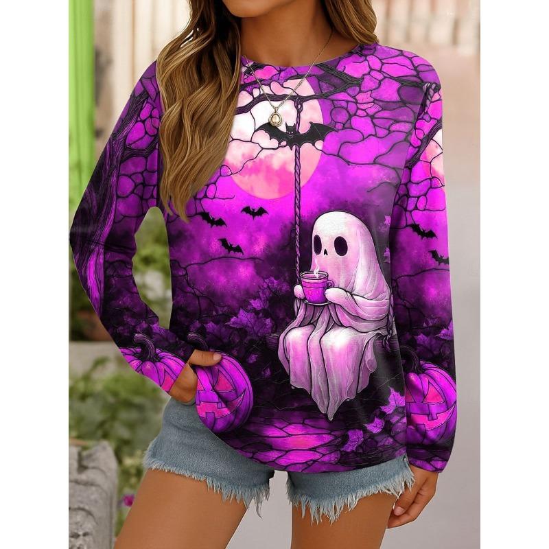 Round Neck 3D Ghost Printed Top Casual Long Sleeved Women's T-shirts - Soft Medium Stretch Polyester Fabric Spring and Autumn Relaxed Fit Clothing