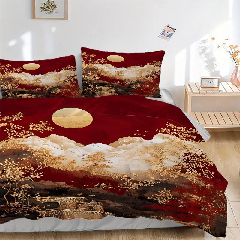 3pcs Chinese Style Landscape Bedding Set, Includes 1 Comforter + 2 Pillowcases, Without Pillow Inserts, Soft Comfortable, Lightweight Breath