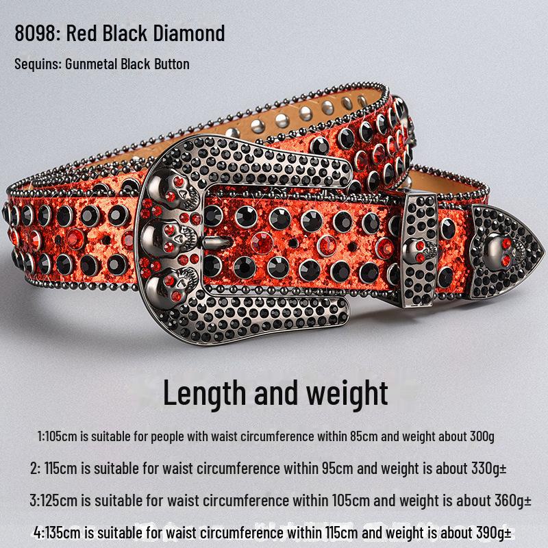 Curea de lux cu cataramă cu strasuri și craniu închis la culoare, cu paiete și diamante