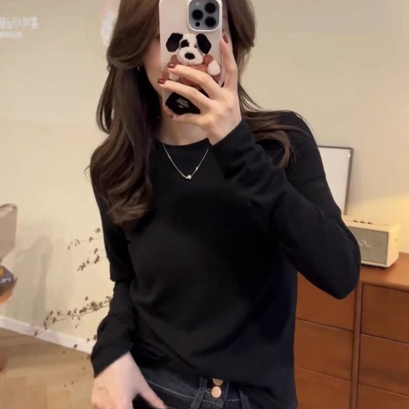 Women's Slim Fit Long-Sleeve Round Neck T-Shirt - Solid Color, High Street Autumn Style