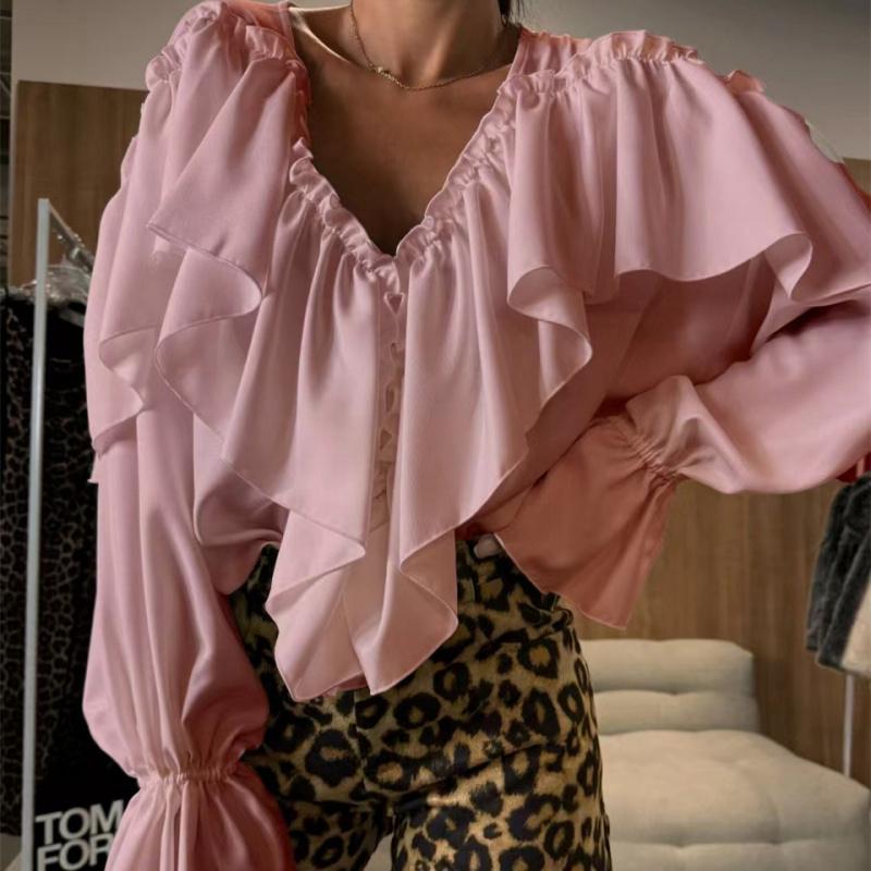 Camicia Top Versatile da Donna a Manica Lunga, Scollo a V, Colore Unito, Design Autunnale