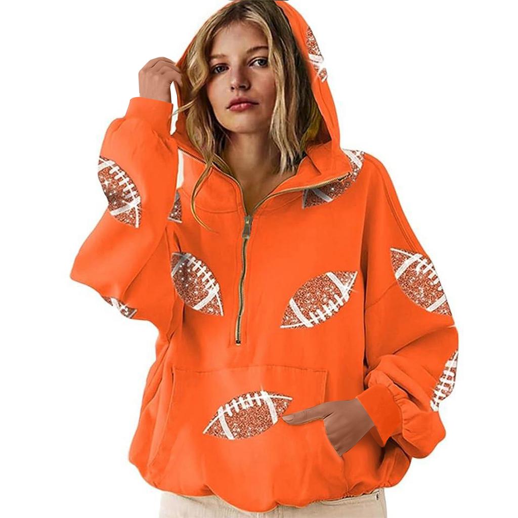 Women's Sports Shirt With Rugby Sequins And Pockets Long Sleeved Half Zip Hooded Top