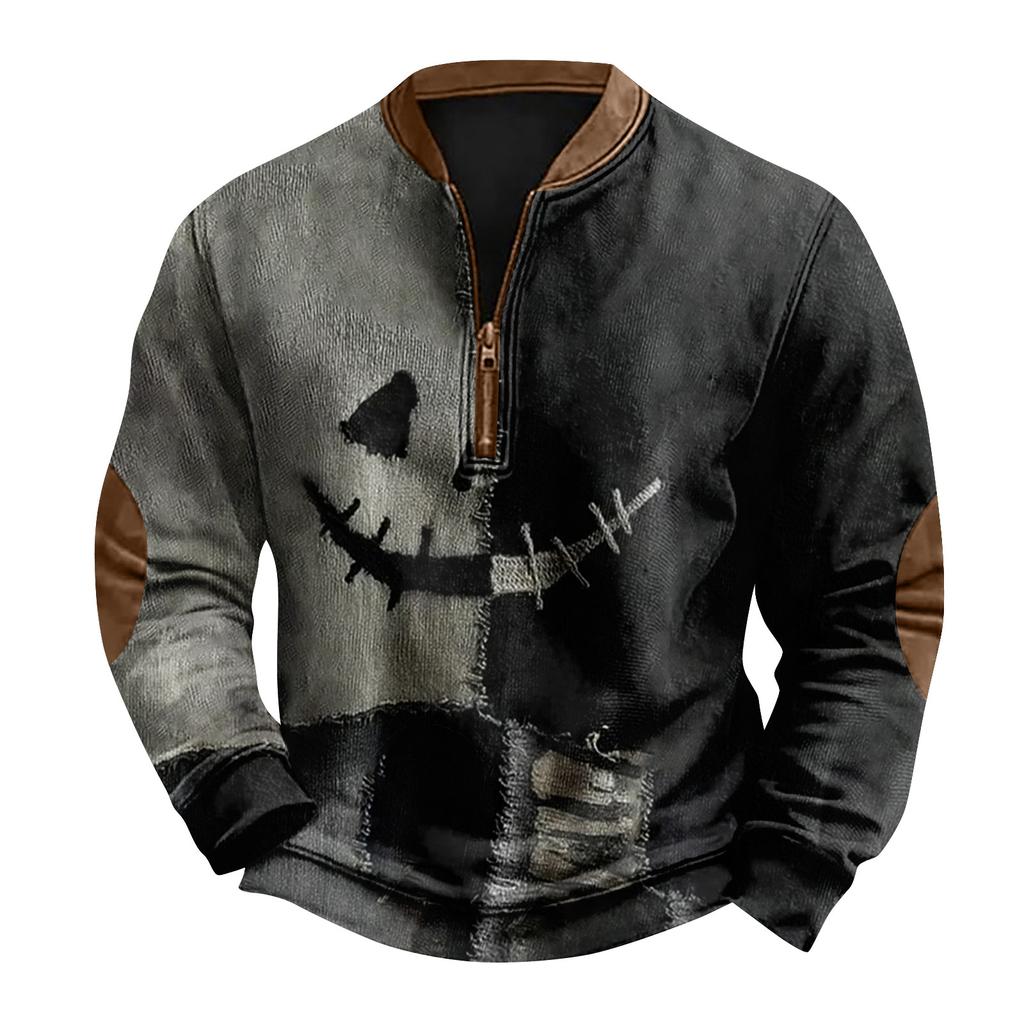 Men's Casual Fashion Christmas Printed Hoodless Sweatshirt Wide Men's Loose Button Stand Collar Hooded Sweatshirt