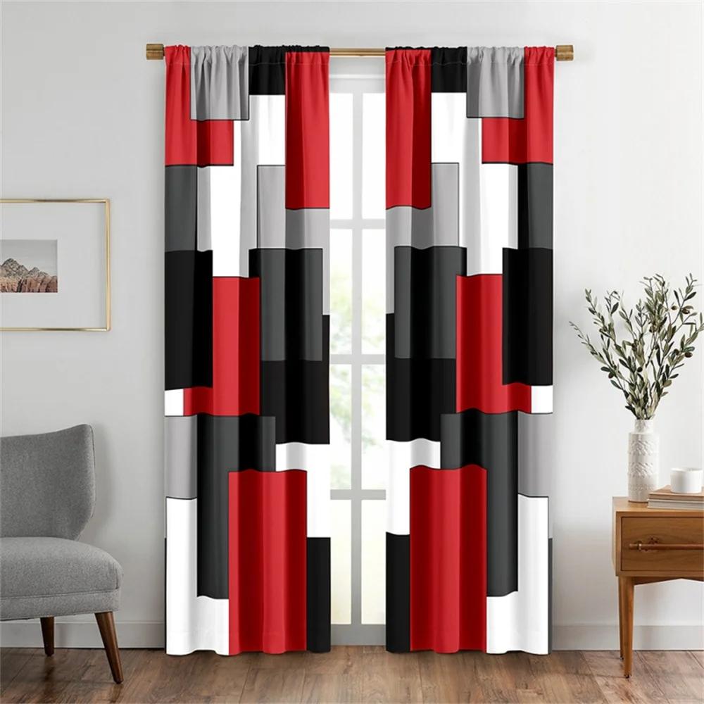 2PCS Abstract Geometric Stripes Rectangles Red Black Modern Light Filtering Curtains for Living Room Bedroom Window Drape Decor