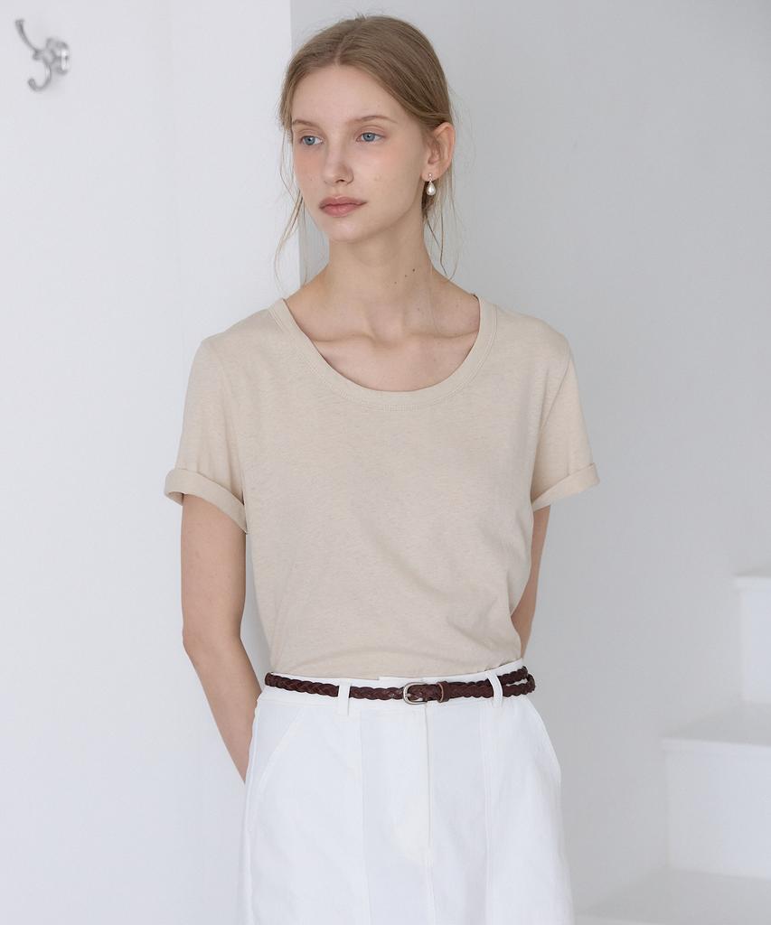 OURHOPE Linen Logo U-Neck T-Shirt - Linen