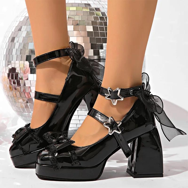 Fashion Bowtie Super High Heels Sandals for Women Patent Leather Star Ankle Buckle Sandals Woman Close Toe Square Heeled Platform Shoes