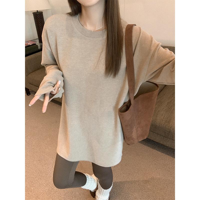 Autumn and winter brushed thickened warm knitted long-sleeved T-shirt women's new round neck lazy style mid-length inner top