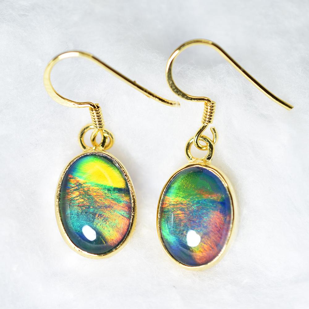 18K Gold Plated 27.75Ct Natural Multicolor Opal CERTIFIED Oval Gem Earring Pair MY. ER-46-NS