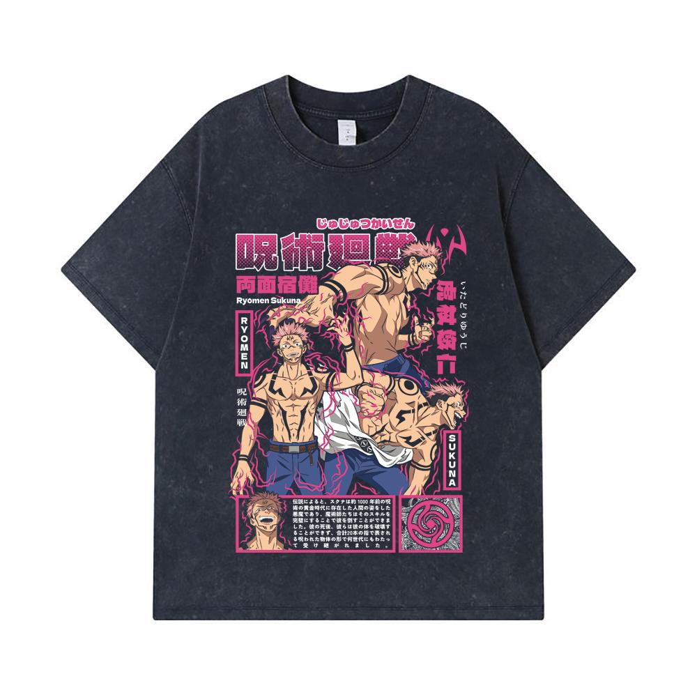 275 GSM Washed T-shirts 100% Cotton Jujutsu Kaisen V45 Sukuna Print Unisex Heavy Cotton T Shirt