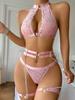 Floral Lace Halter Bra and Panty Set Women Underwear Sexy Lingerie Metal Heart Decor Chain Linked Waist and Leg Rings Set