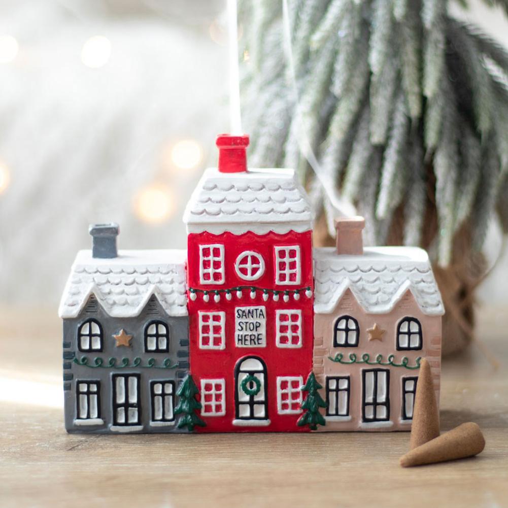 Village House Incense Burner Resin Snowy Winter House Figurines With 2 Incense Cone Burner Home Decoration For New Year Gift