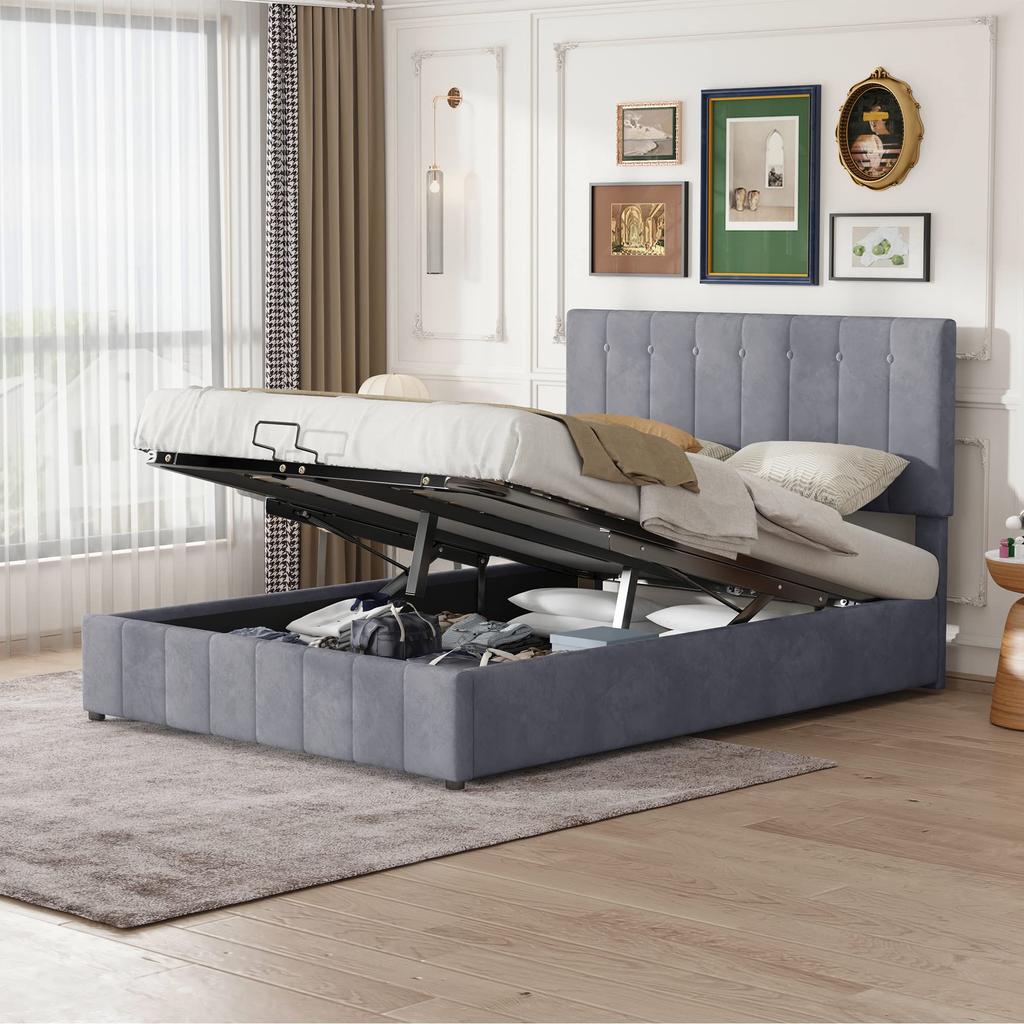 Polsterbett mit Bettkasten, 140 x 200 cm Samt-Stoff Doppelbett mit Lattenrost und Stauraum, Einfacher Stil, Grau
