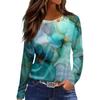 Women's Fashion Casual Slit Hem Round Neck Long Sleeve Loose  Printed T-Shirt Ladies Top