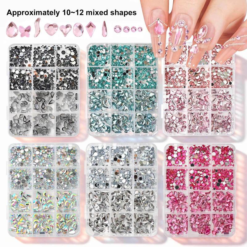 12 Grids Flat Bottom Mixed Nail Diamond 12 Color Nail Rhinestone Shiny Colorful Nail Gems Glass Stones Nail Charm