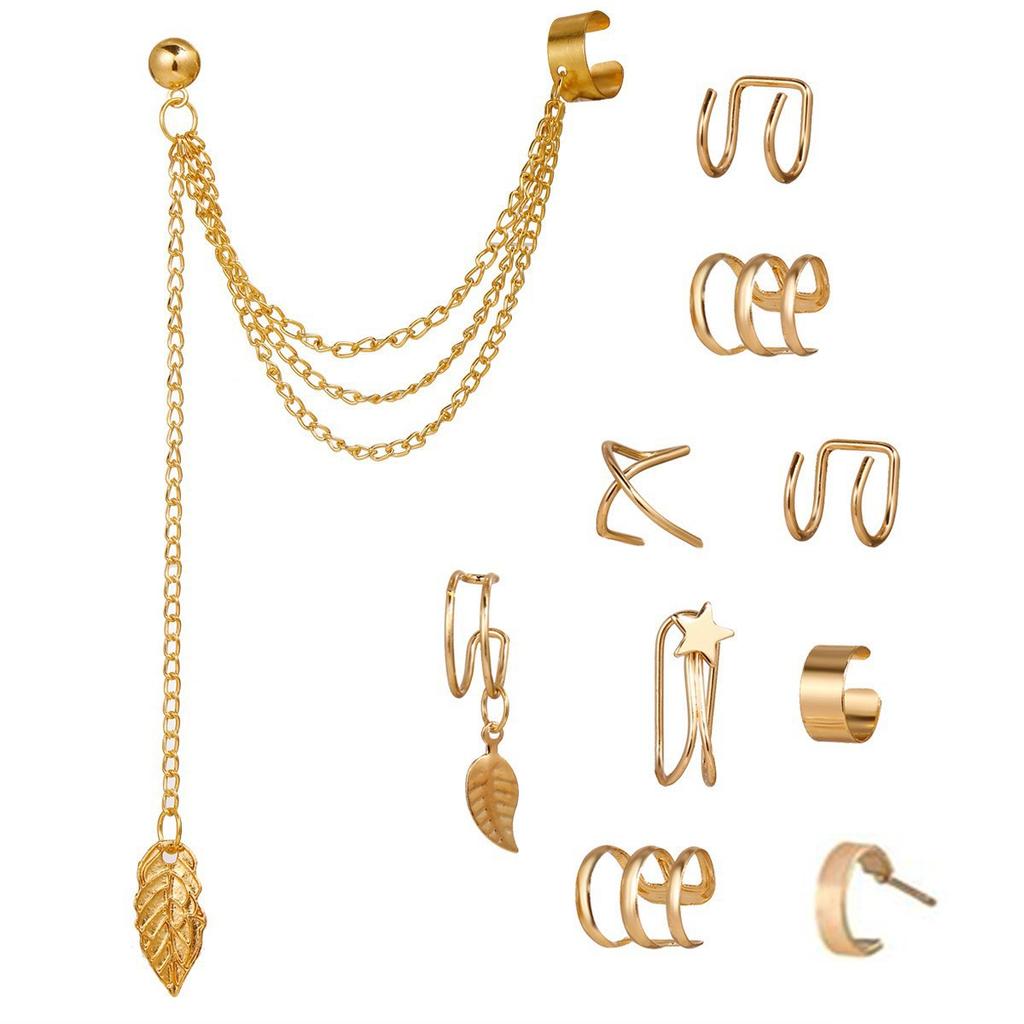 Women's Ear Cuff Set No Piercing Ear Wrap Ear Climber Gold Plated Huggie Hoop Earrings Geometric Hollow Out Statement Ear Jewelry Gift