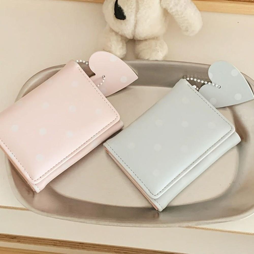 Cute Sweet Trifold Polka Dot Wallet Multi-functional Multi-card Slot PU Card Holder Heart Pendant Portable Coin Purse Daily