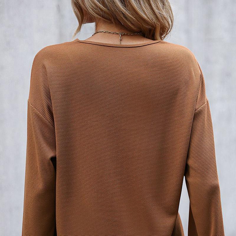 Kvinner Vår Høst Langermet Hollow Out V-hals Ensfarget Pullover T-skjorte bluse