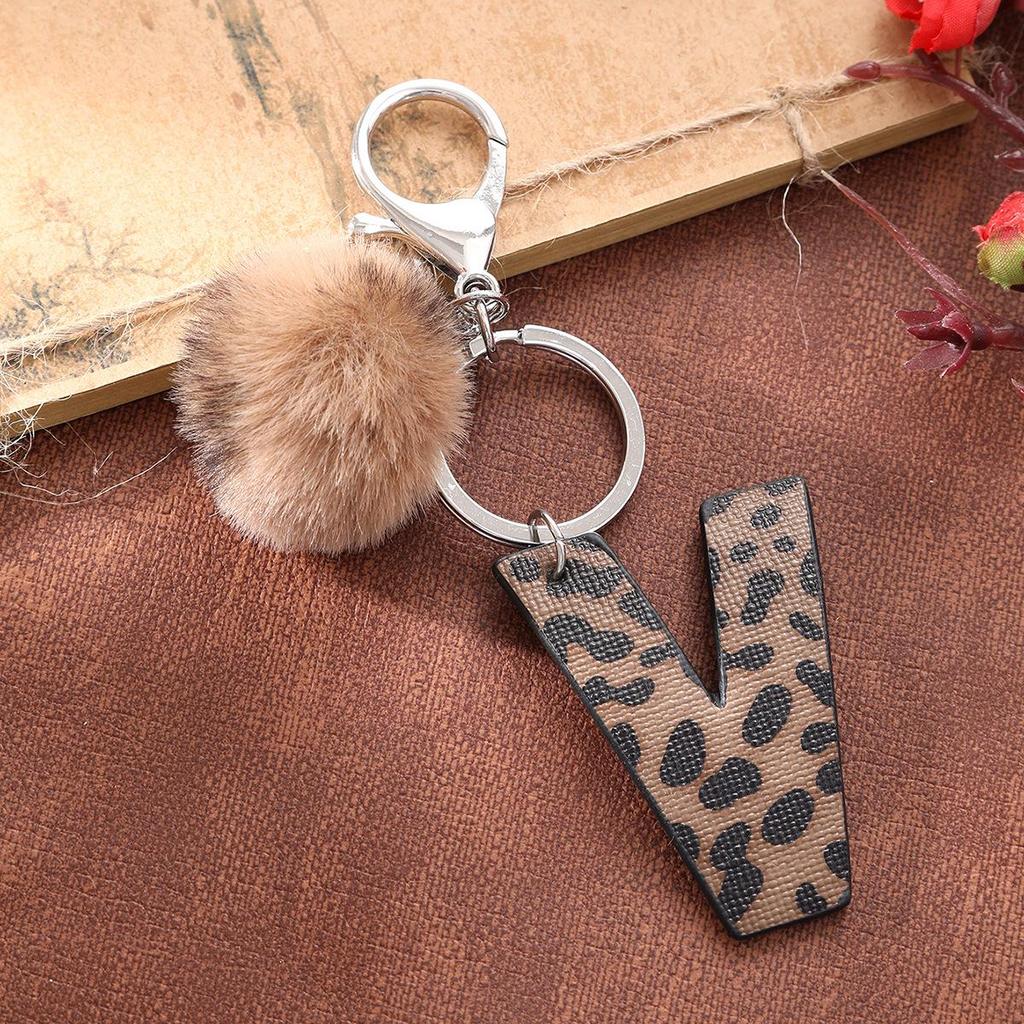 Western Cowboy Leopard Print Leather Keychain with Acrylic Letter and Plush Ball Accessories