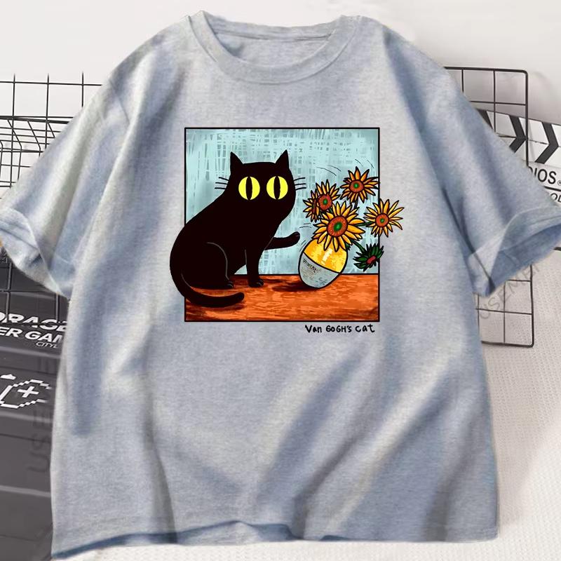 Van Gogh Cat Graphic T Shirts Men Women Flower Black Cat T-shirt Round Neck Cotton Short Sleeve Trendy Tee Shirt Tees