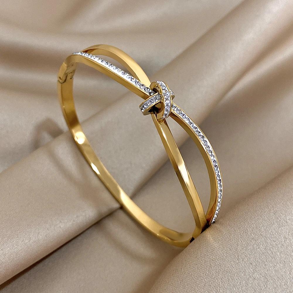 

Stainless Steel Jewelry Bowknot Bracelet Women s Titanium Steel Double Knot Bracelet Multi-Layer Rhinestones золотистый