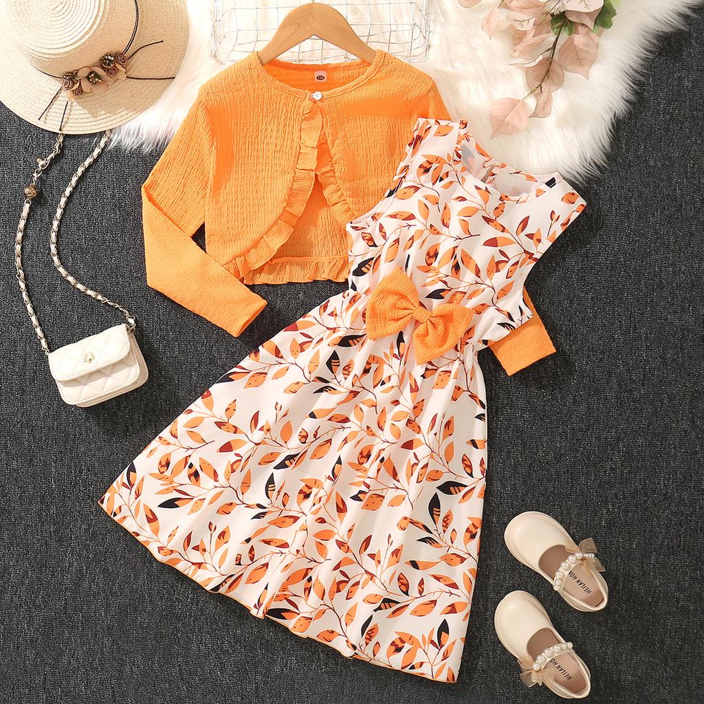 Girls Long-Sleeved Jacket with Printed Bow Dress Two-Piece Sets Kids Colthes