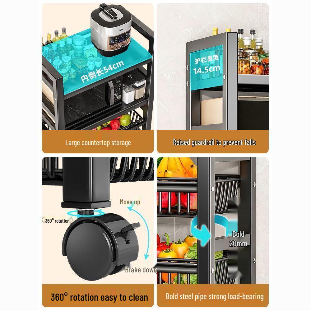 Multi-Layer Kitchen Rack: Extra Thick Microwave, Fruit & Veggie Storage with Wire Baskets & Rollers