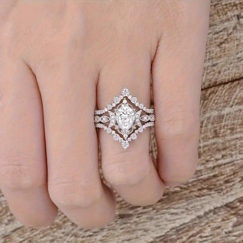 Crown Water Drop Shiny Wax Set Ring Girl, Wedding Proposal Ring Three-piece Set, European and American Rings