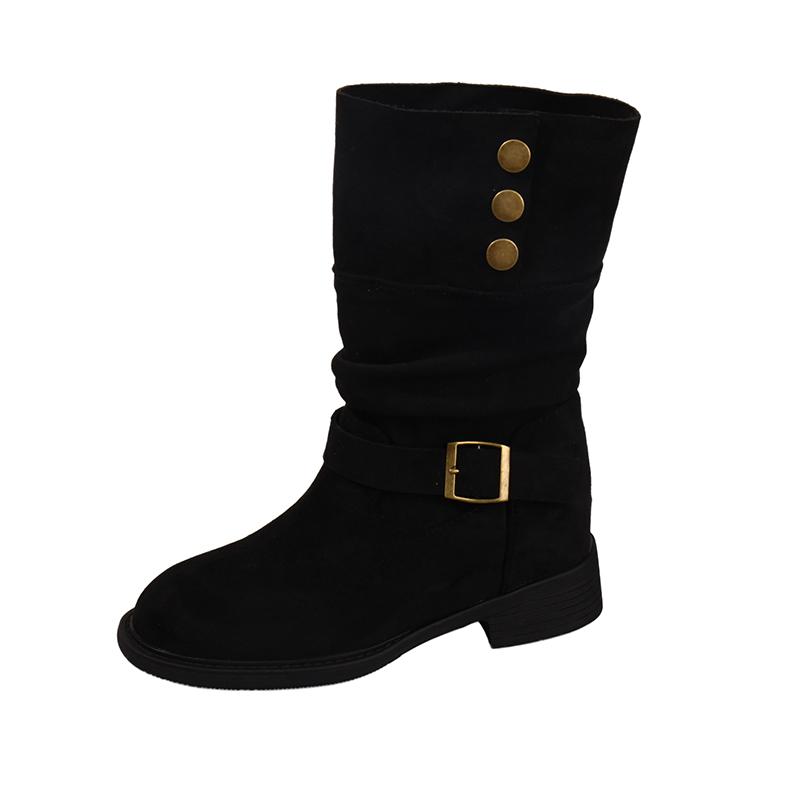 Stylish Studded Metal Pointed Toe Cow Suede Hair Sleeve Soft Sole Non-slip Wear-resistant Square Heel Mid-barrel Boots