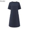 ZANZEA Vestido casual de manga corta de color sólido con cuello redondo para mujer