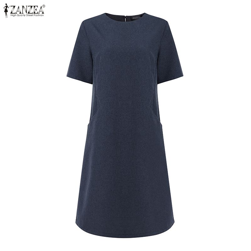 ZANZEA Vestido casual de manga corta de color sólido con cuello redondo para mujer