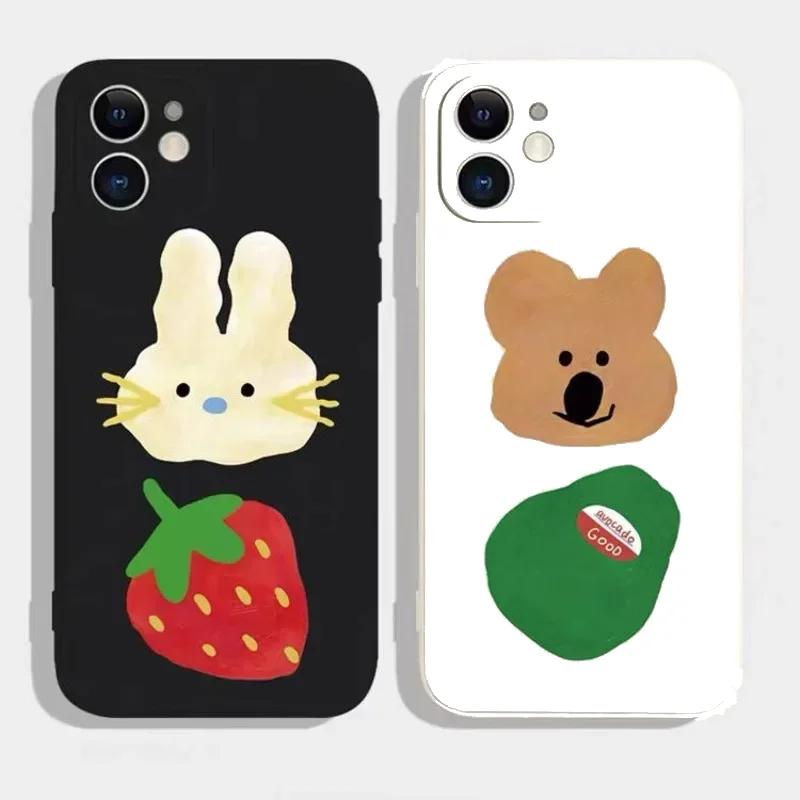 Cartoon Rabbit Bear Couple Phone Case For IPhone 13 12 11 14 15 Pro XS MAX 7 8 Plus Mini X XR SE20 Strawberries Animals Covers