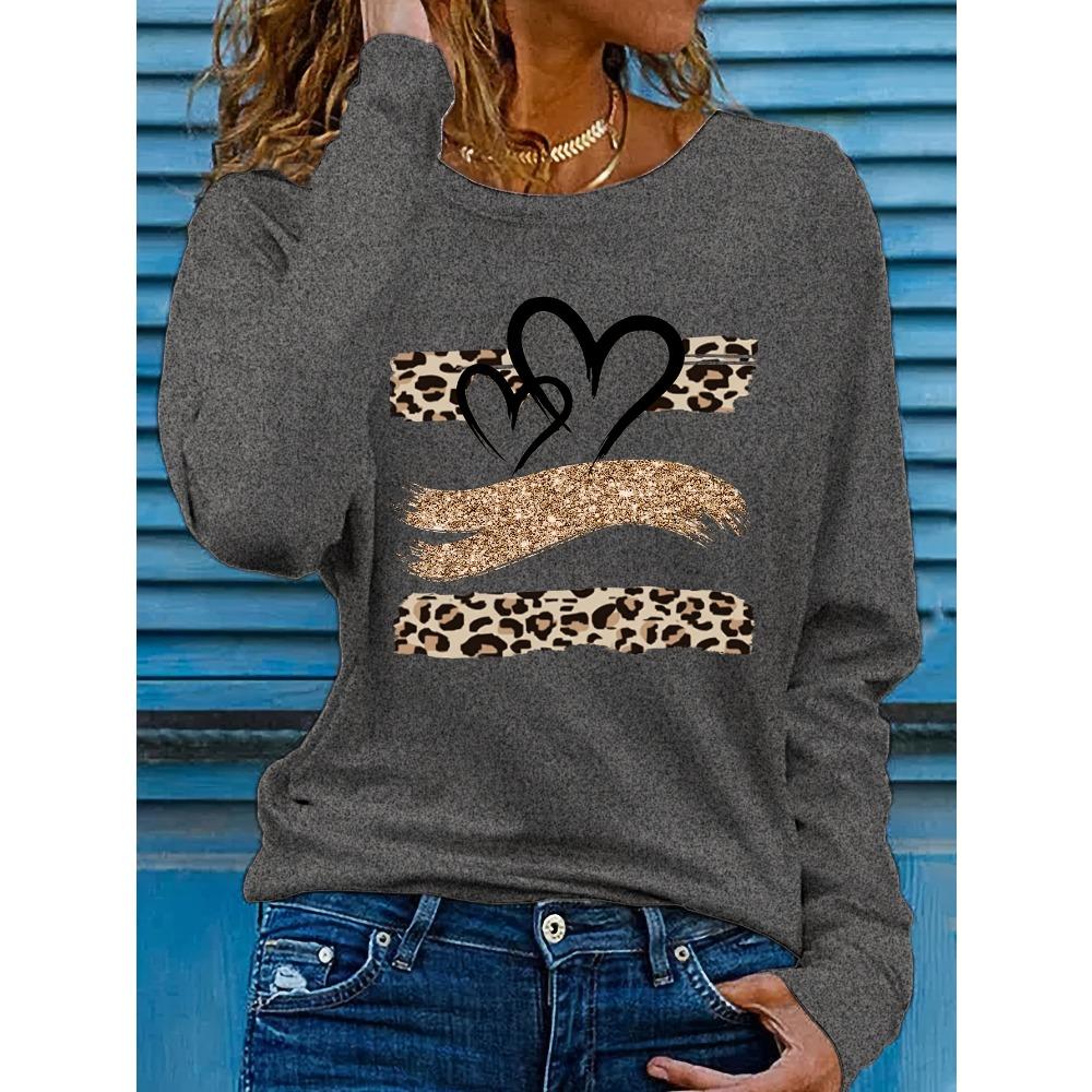 

Women s Spring and Autumn Fashion Casual Loose Leopard Pattern Heart Printed Round Neck Long Sleeve T-shirt 5XL